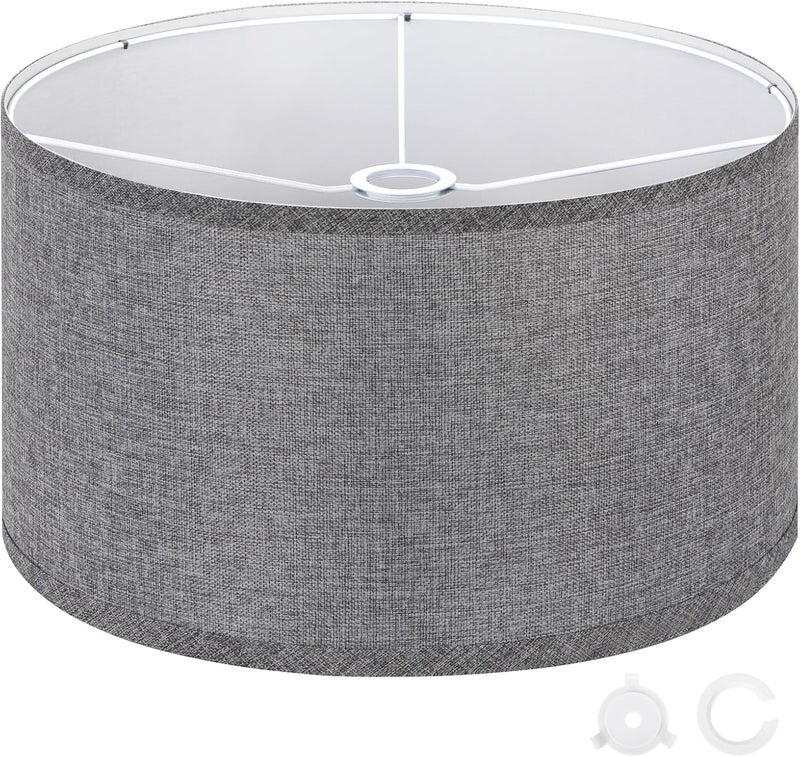 OUTON Grey Large Drum Lamp Shades for Floor Lamps, 16" Top x 16" Bottom x 9" High, Easy to Assemble, Replacement Linen Lampshades for Table Lamps & Bedside Lamps (1.65" Spider) - Image 1